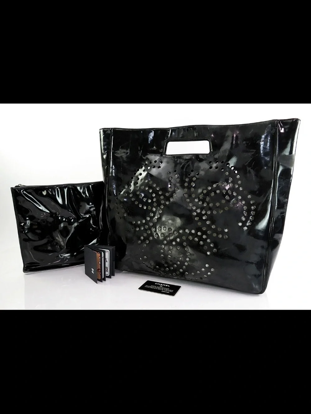 CHANEL Black Patent Stud-Embellished Tote with Matching Pouch